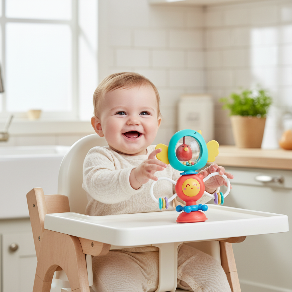 Bébé jouant avec spinner ventouse bleu vert ailes magiques chaise haute — éveil sensoriel Sphère Bébé