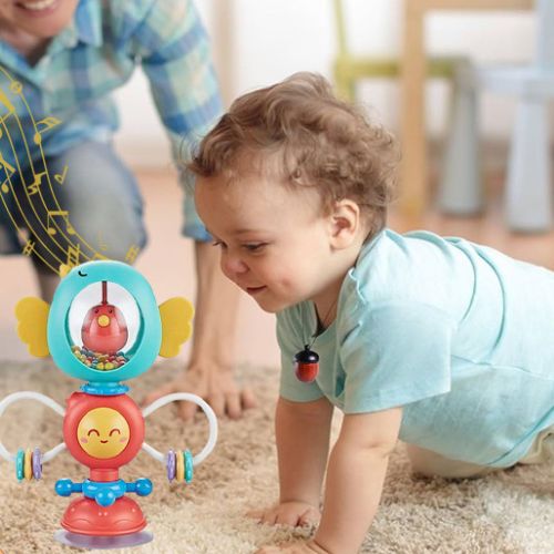 Jouet bébé spinner ventouse chaise haute rose — oiseau curieux sensoriel 6 mois