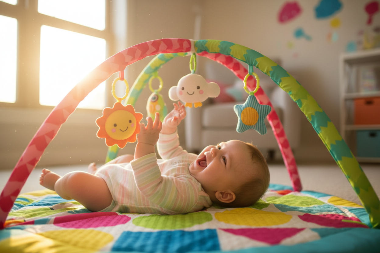 Bébé éclatant sur tapis d'éveil