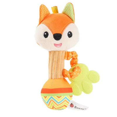 Hochet bebe peluche renard — jouet d'éveil sensoriel