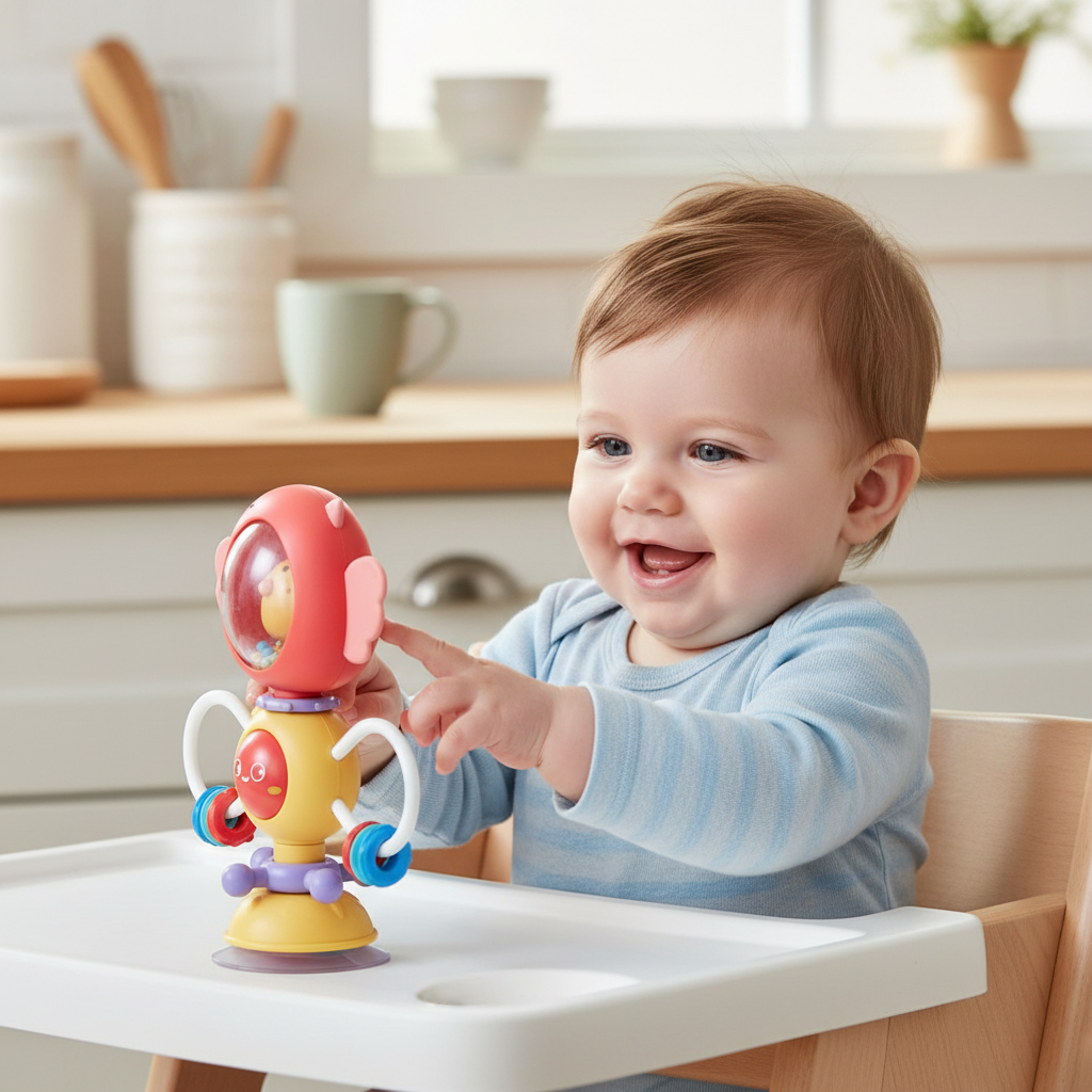 Bébé jouant avec spinner ventouse rose oiseau curieux chaise haute — éveil sensoriel Sphère Bébé